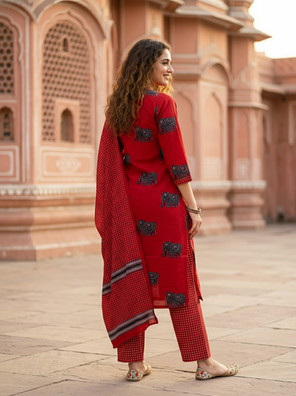 Ethnic Elephant Printed Straight Kurta with Pant & Dupatta - Rust