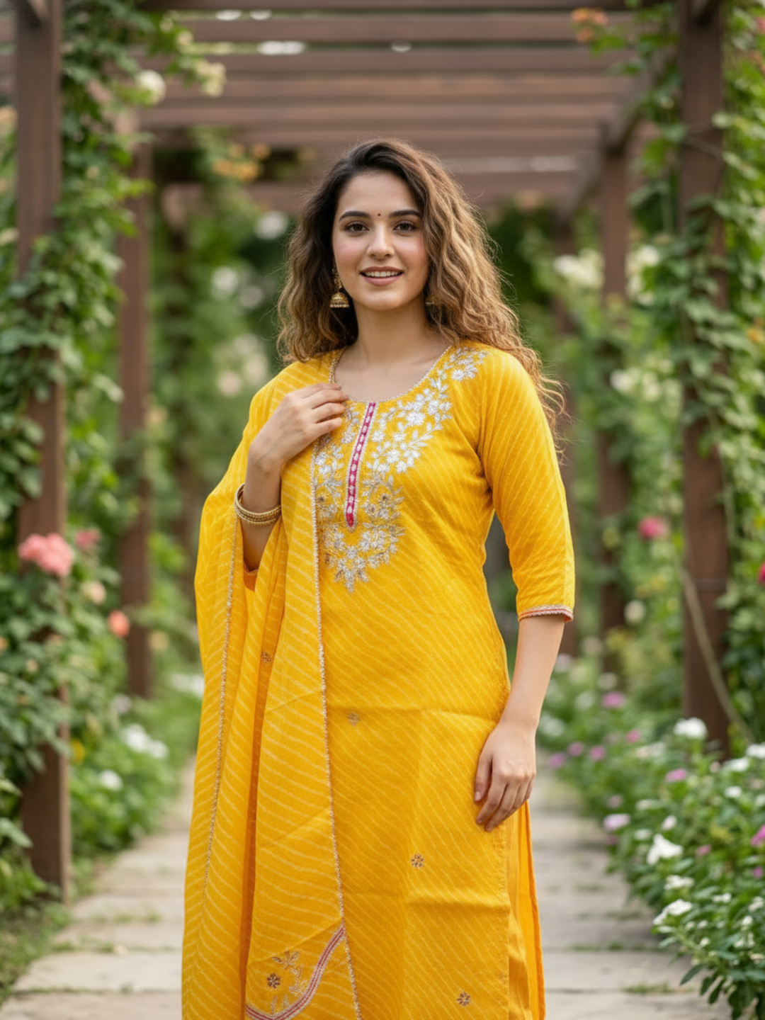 Leheriya Printed Gota Patti Embroidered Straight Kurta with Pant & Dupatta - Yellow