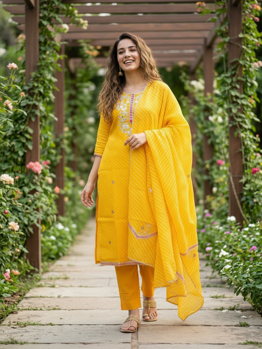 Leheriya Printed Gota Patti Embroidered Straight Kurta with Pant & Dupatta - Yellow