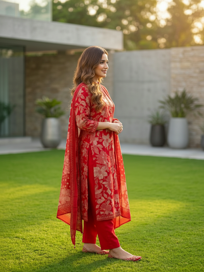 Floral Printed Anarkali Kurta with Pant & Dupatta - Red