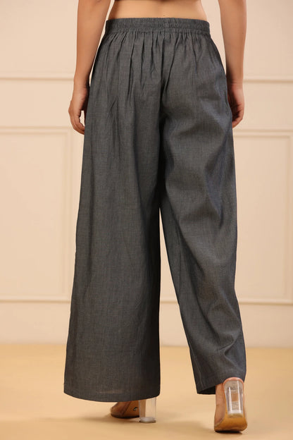 Grey Solid Denim Flared Palazzos with a Button Closure & Partially Elasticated Waistband