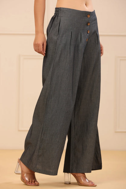 Grey Solid Denim Flared Palazzos with a Button Closure & Partially Elasticated Waistband