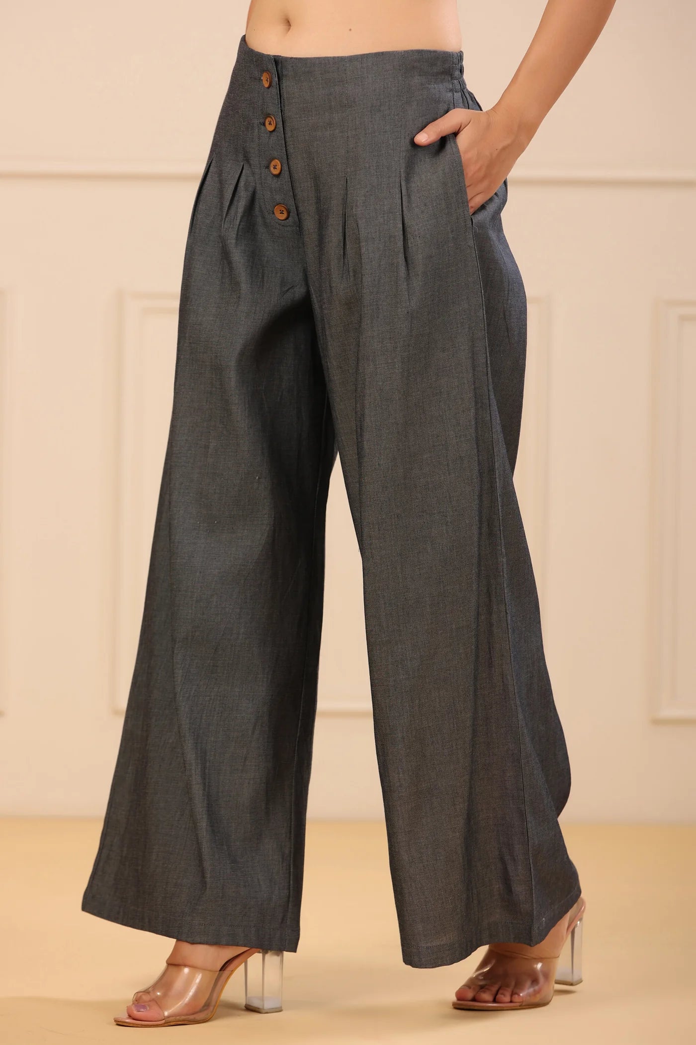 Grey Solid Denim Flared Palazzos with a Button Closure & Partially Elasticated Waistband