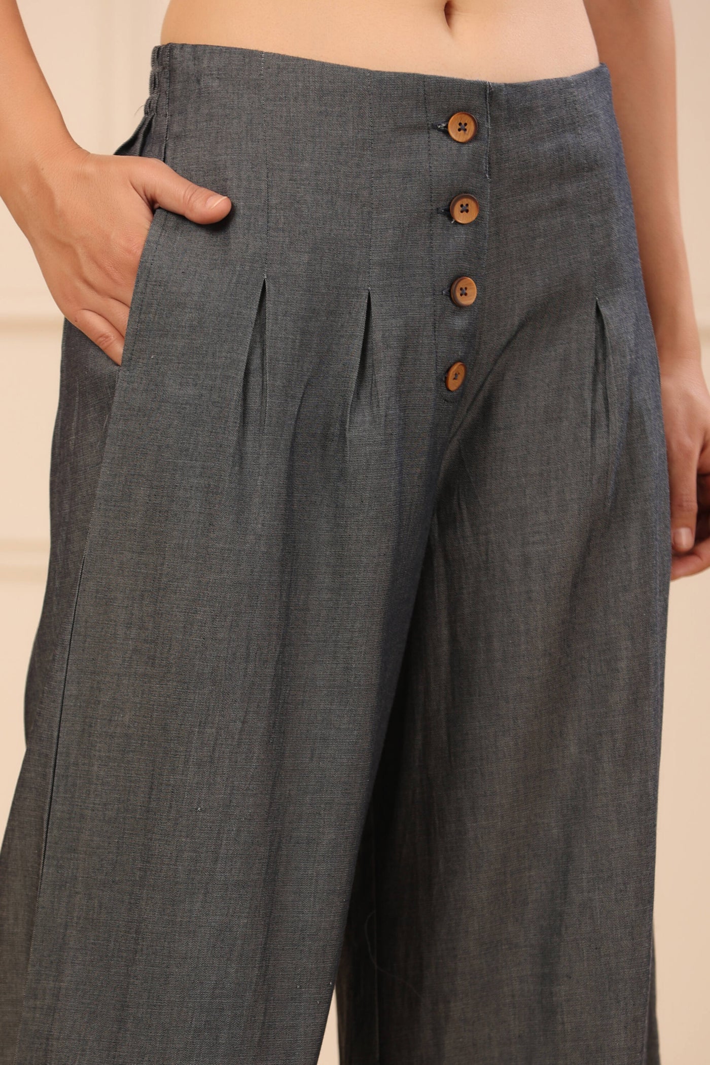 Grey Solid Denim Flared Palazzos with a Button Closure & Partially Elasticated Waistband