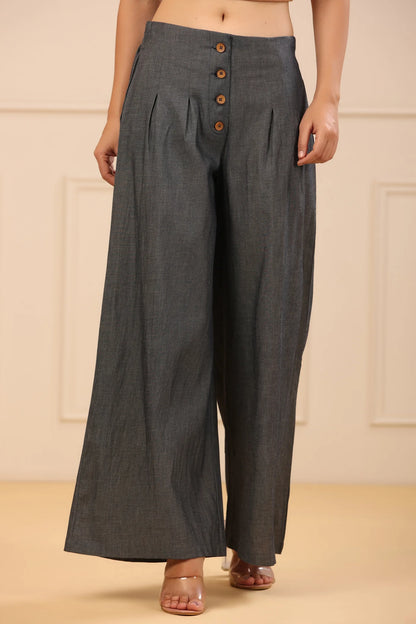 Grey Solid Denim Flared Palazzos with a Button Closure & Partially Elasticated Waistband