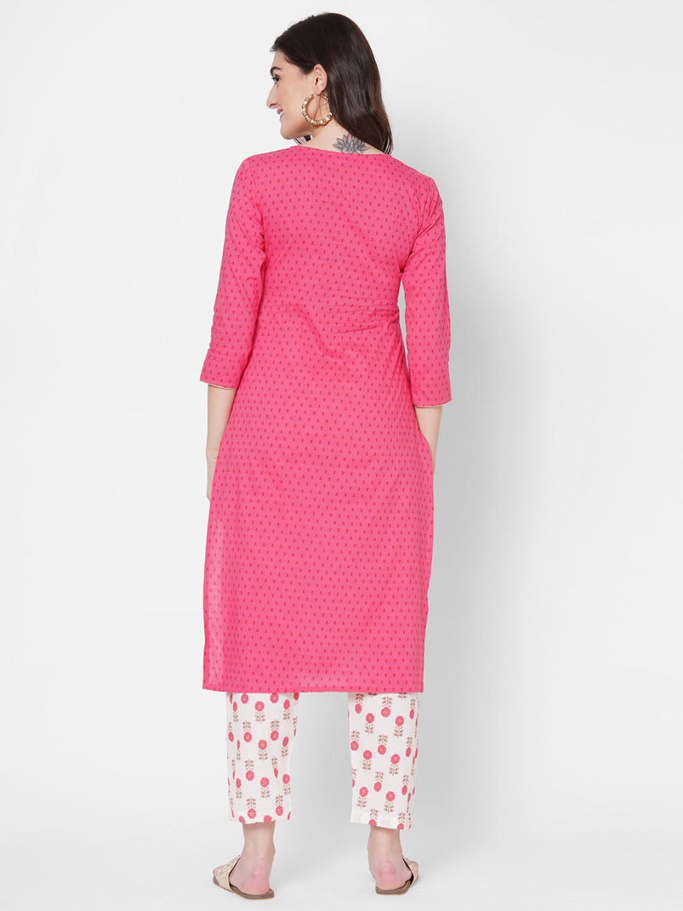 Ethnic Printed & Zari Embroidered Kurta With Block Printed Pant - Pink