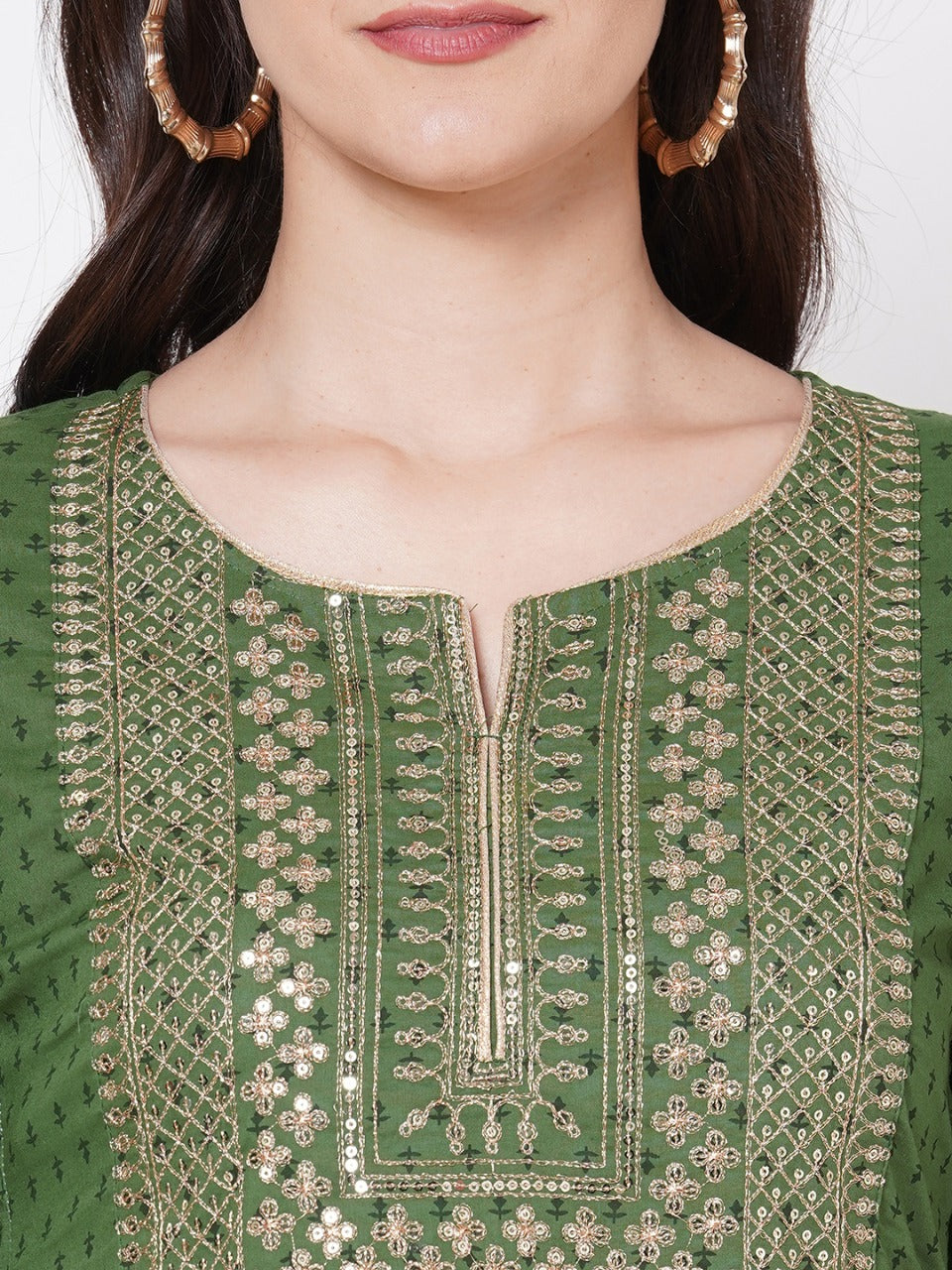 Ethnic Printed & Zari Embroidered Kurta With Block Printed Pant - Green