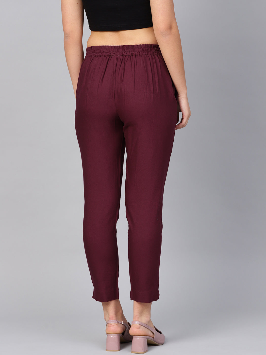 Burgundy Cotton Solid Straight Pants