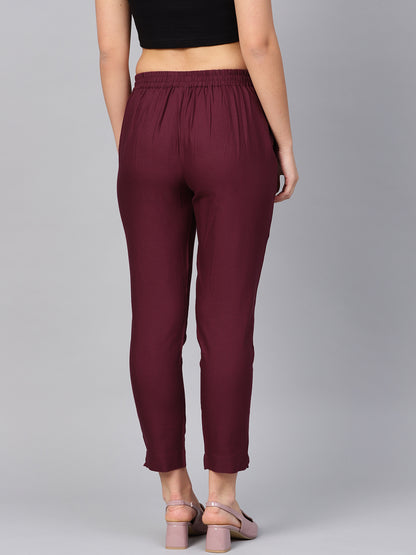 Burgundy Cotton Solid Straight Pants