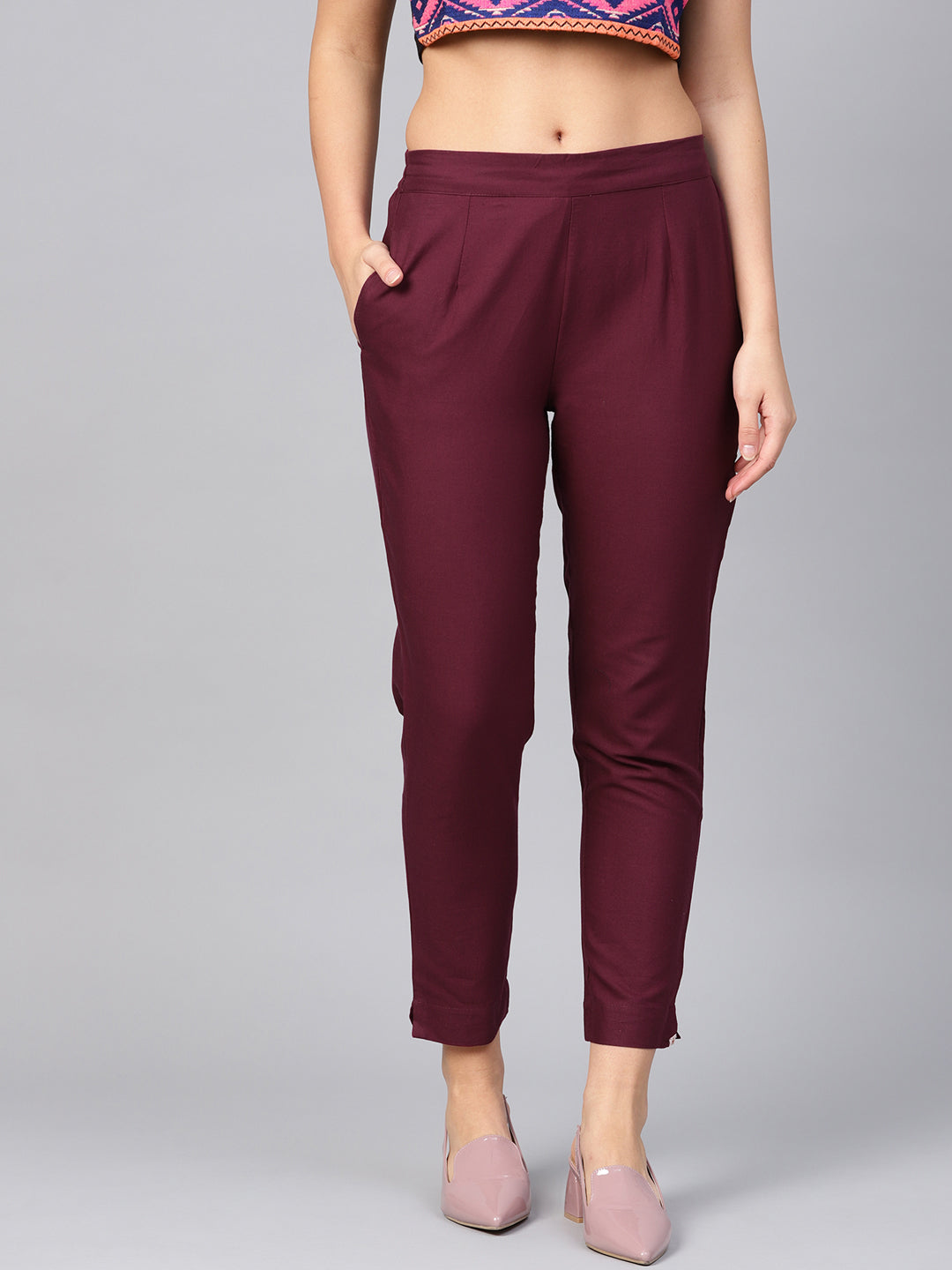 Burgundy Cotton Solid Straight Pants