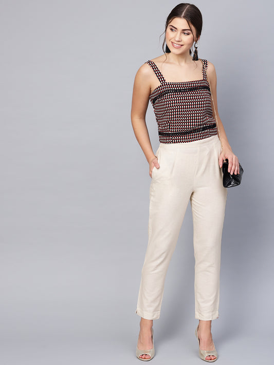 Off-White Cotton Solid Cigarette Pants