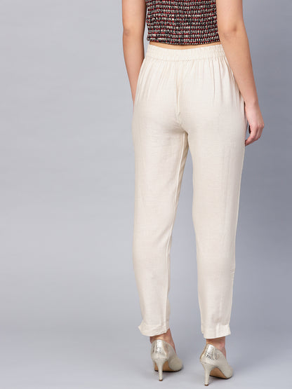 Off-White Cotton Solid Cigarette Pants