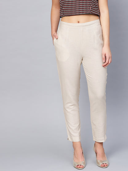 Off-White Cotton Solid Cigarette Pants