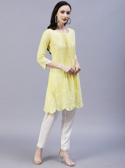 Solid Floral Embroidered Scalloped Hem A-Line Kurta with Pant - Yellow