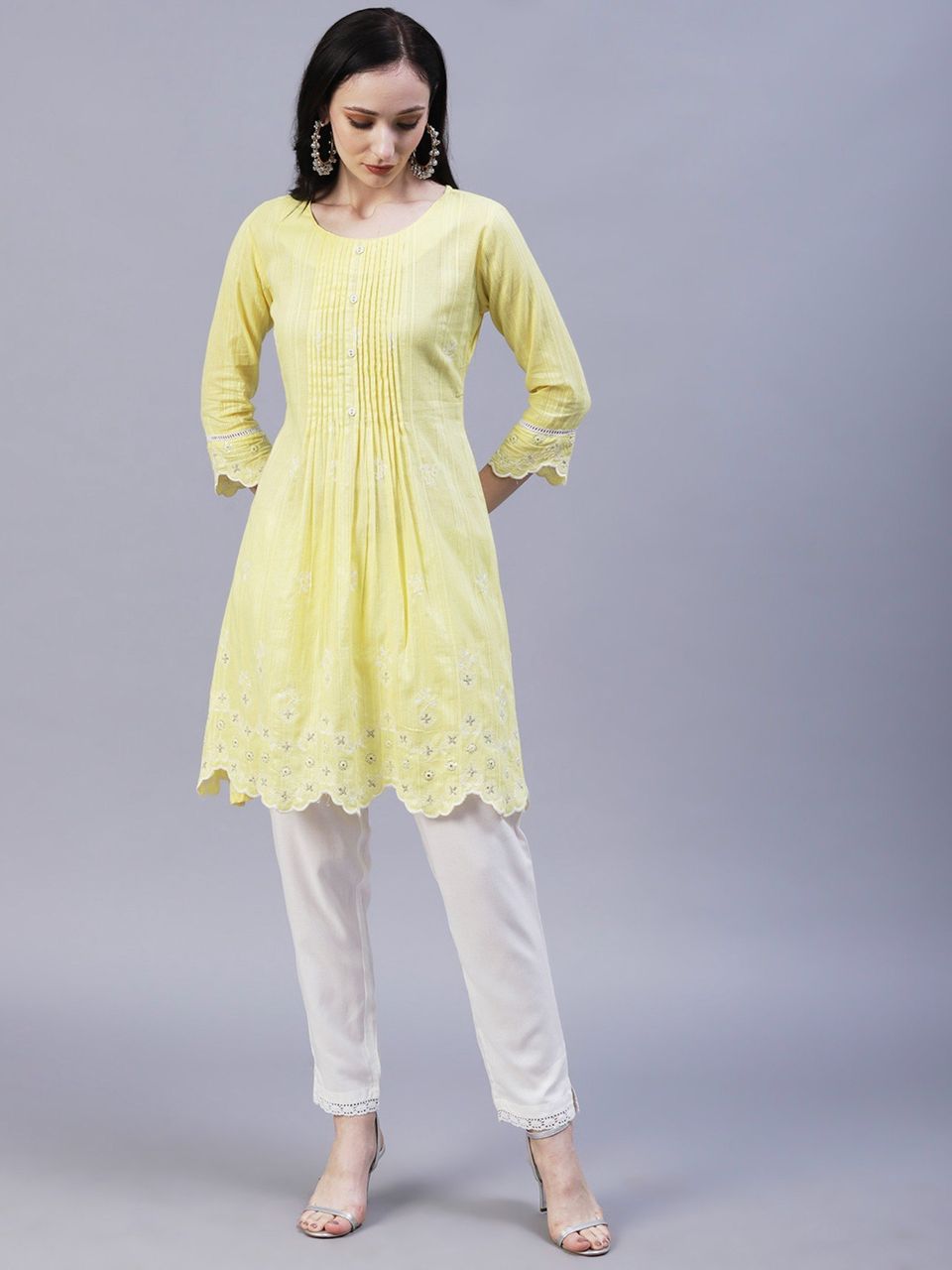 Solid Floral Embroidered Scalloped Hem A-Line Kurta with Pant - Yellow