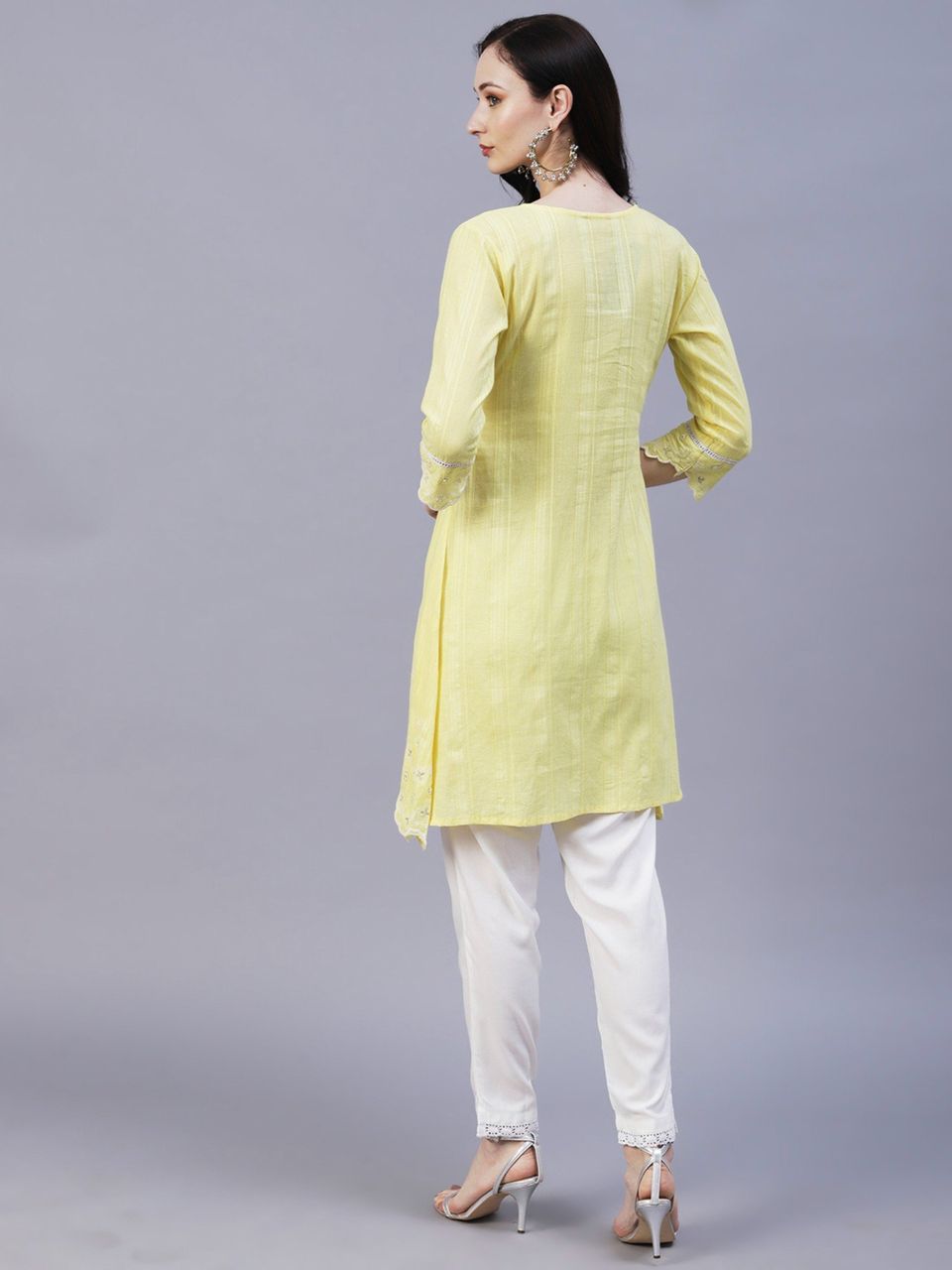 Solid Floral Embroidered Scalloped Hem A-Line Kurta with Pant - Yellow