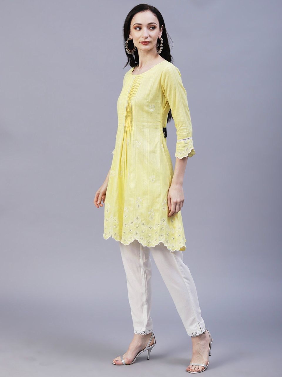 Solid Floral Embroidered Scalloped Hem A-Line Kurta with Pant - Yellow