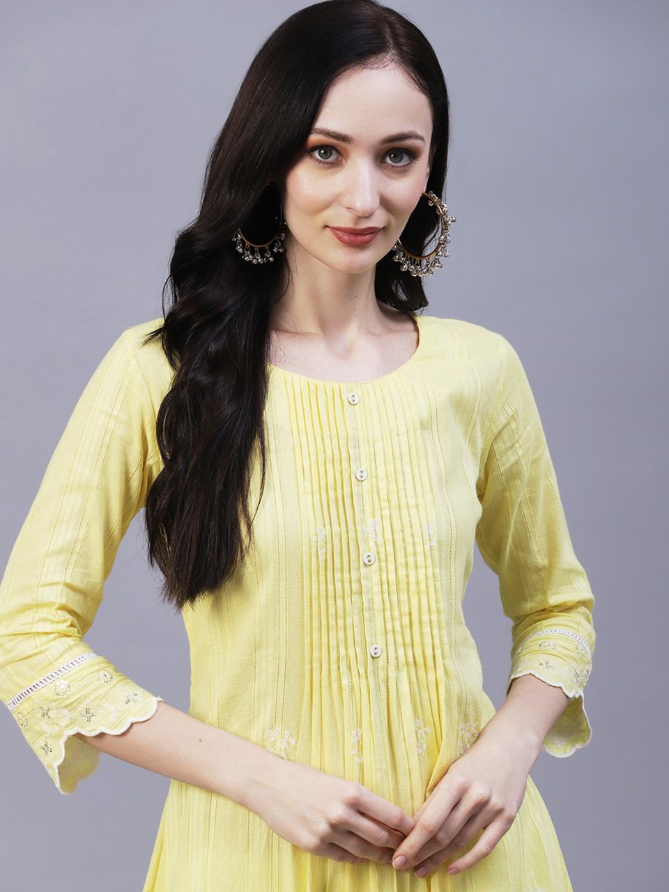 Solid Floral Embroidered Scalloped Hem A-Line Kurta with Pant - Yellow