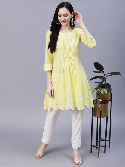 Solid Floral Embroidered Scalloped Hem A-Line Kurta with Pant - Yellow