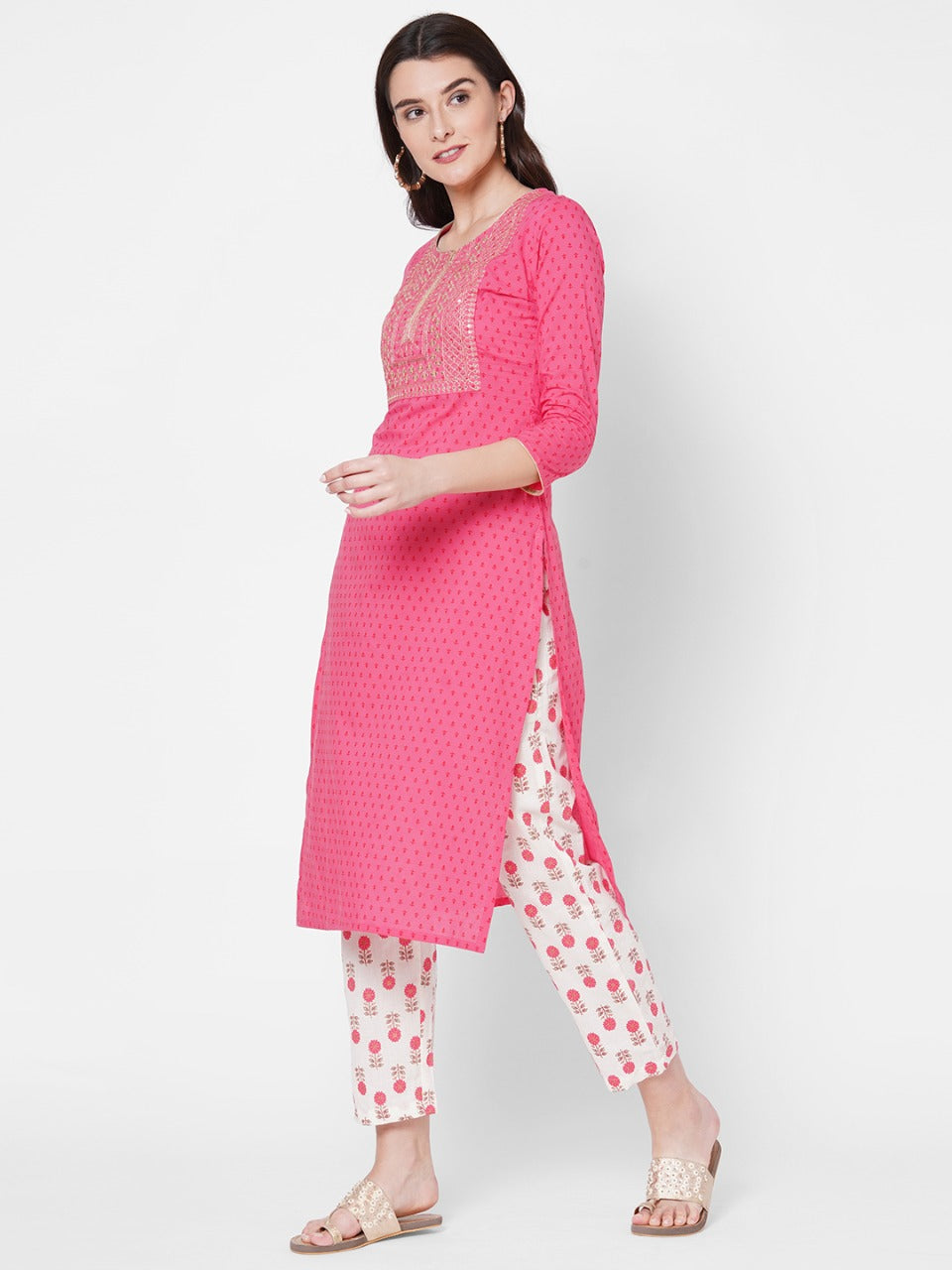 Ethnic Printed & Zari Embroidered Kurta With Block Printed Pant - Pink