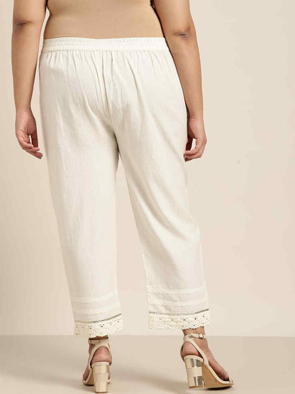 Off White Grey Cotton Solid Cigarette Pants