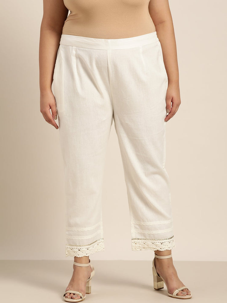 Off White Grey Cotton Solid Cigarette Pants