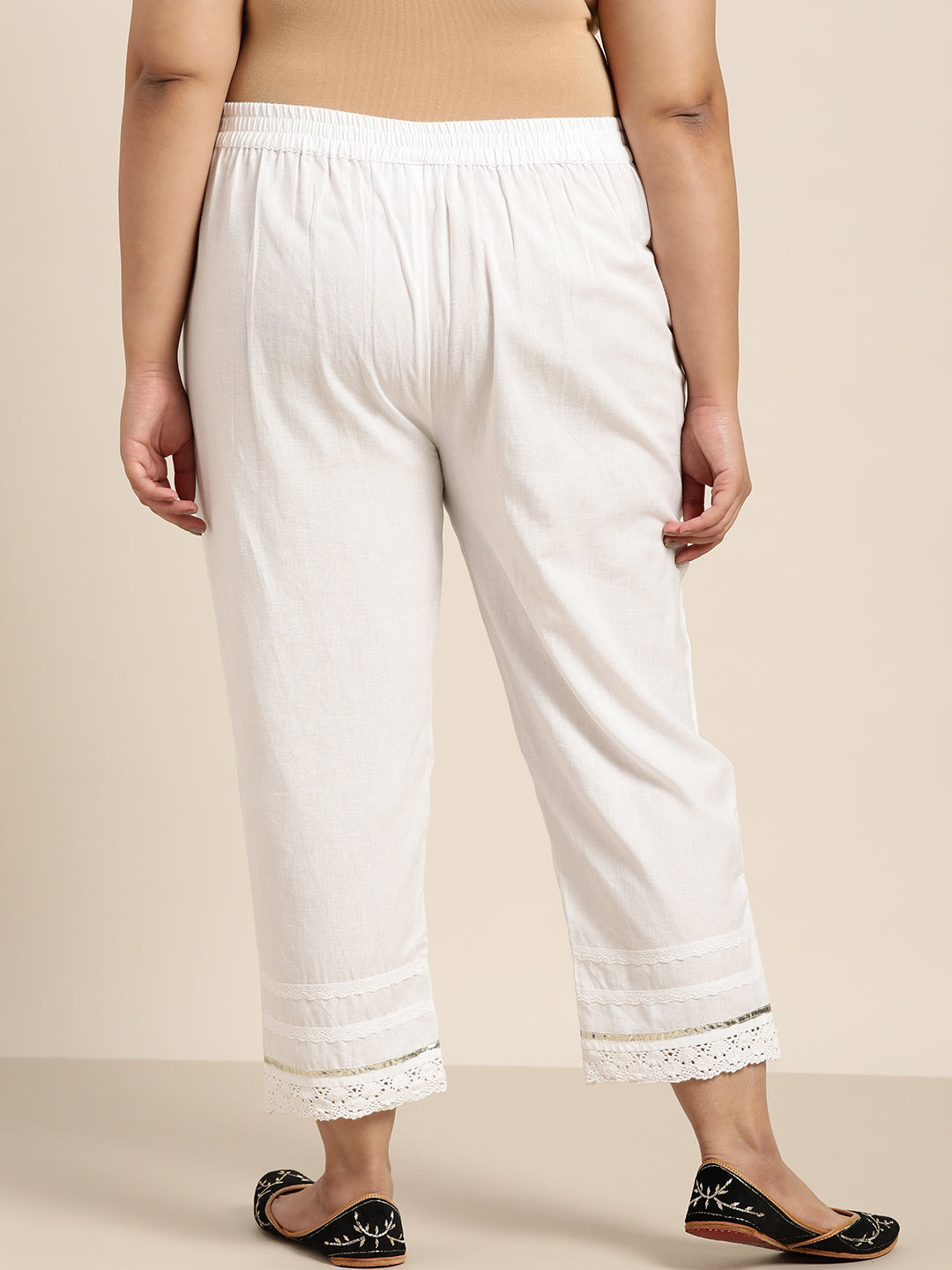 White Cotton Solid Cigarette Pants