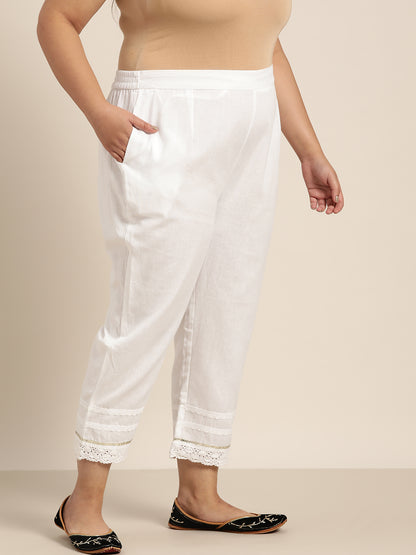 White Cotton Solid Cigarette Pants