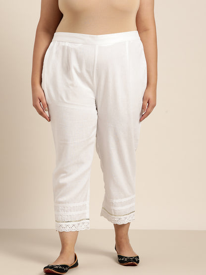 White Cotton Solid Cigarette Pants