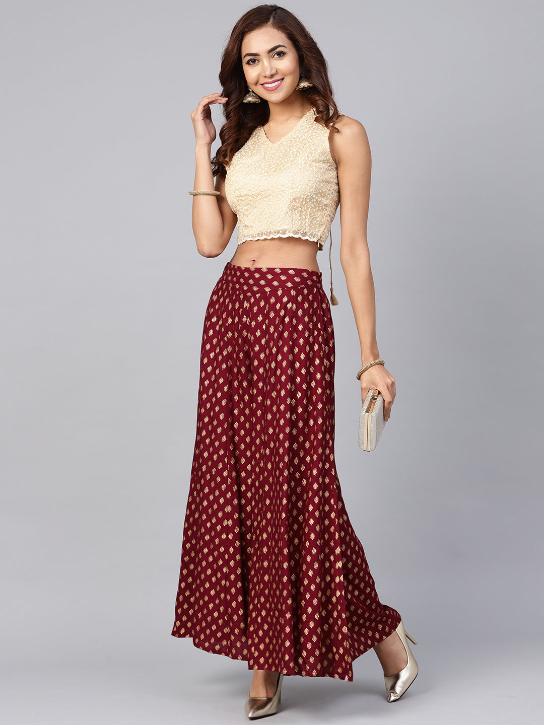 Maroon Liva Printed Flared Palazzo