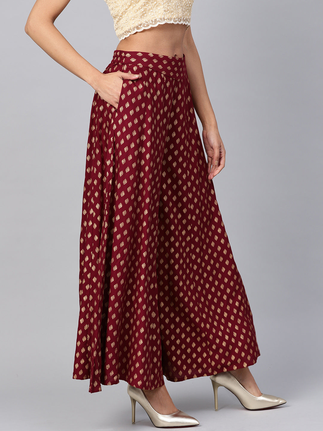 Maroon Liva Printed Flared Palazzo