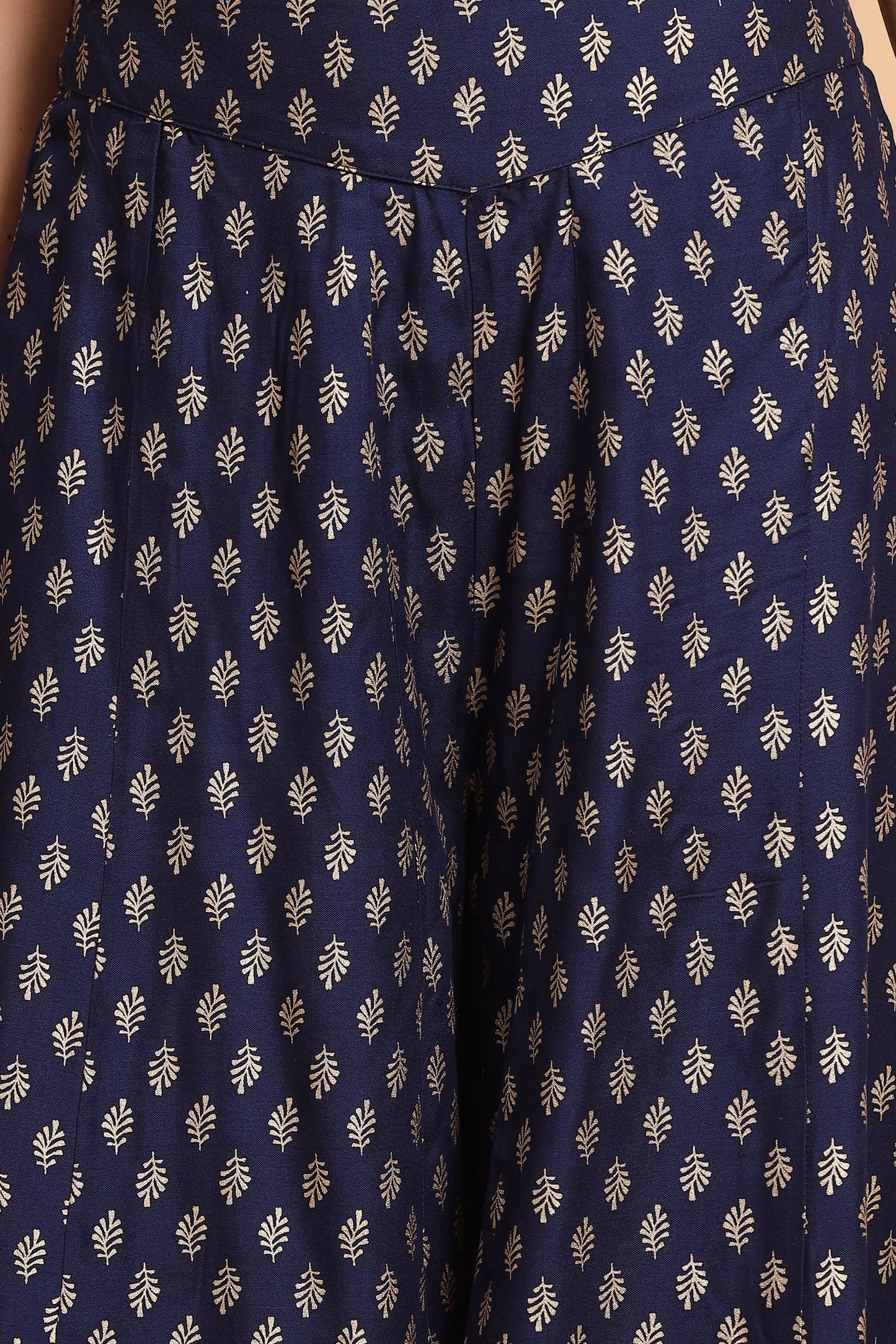 Navy Blue Ethnic Motif Printed Rayon Flared Women Palazzo With One Pocket