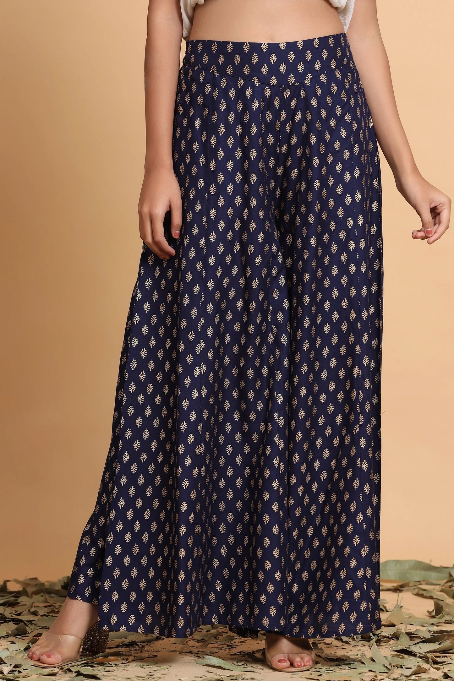 Navy Blue Ethnic Motif Printed Rayon Flared Women Palazzo With One Pocket