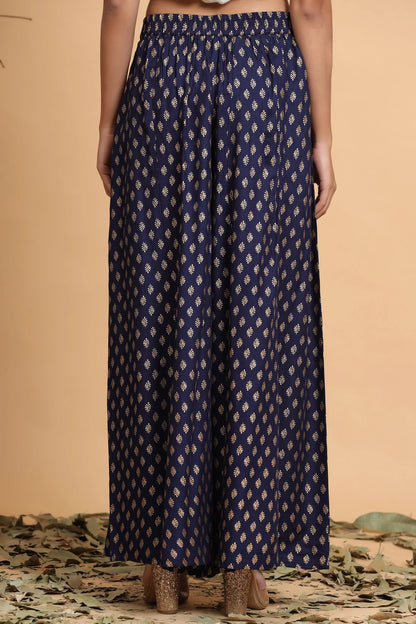 Navy Blue Ethnic Motif Printed Rayon Flared Women Palazzo With One Pocket