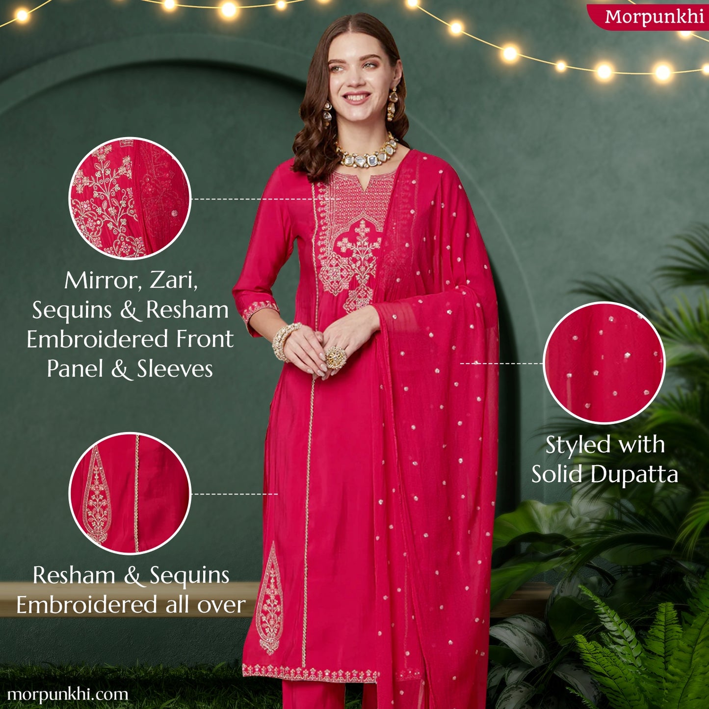 Solid Mirror, Zari & Resham Embroidered Kurta with Pants & Embroidered Dupatta - Pink