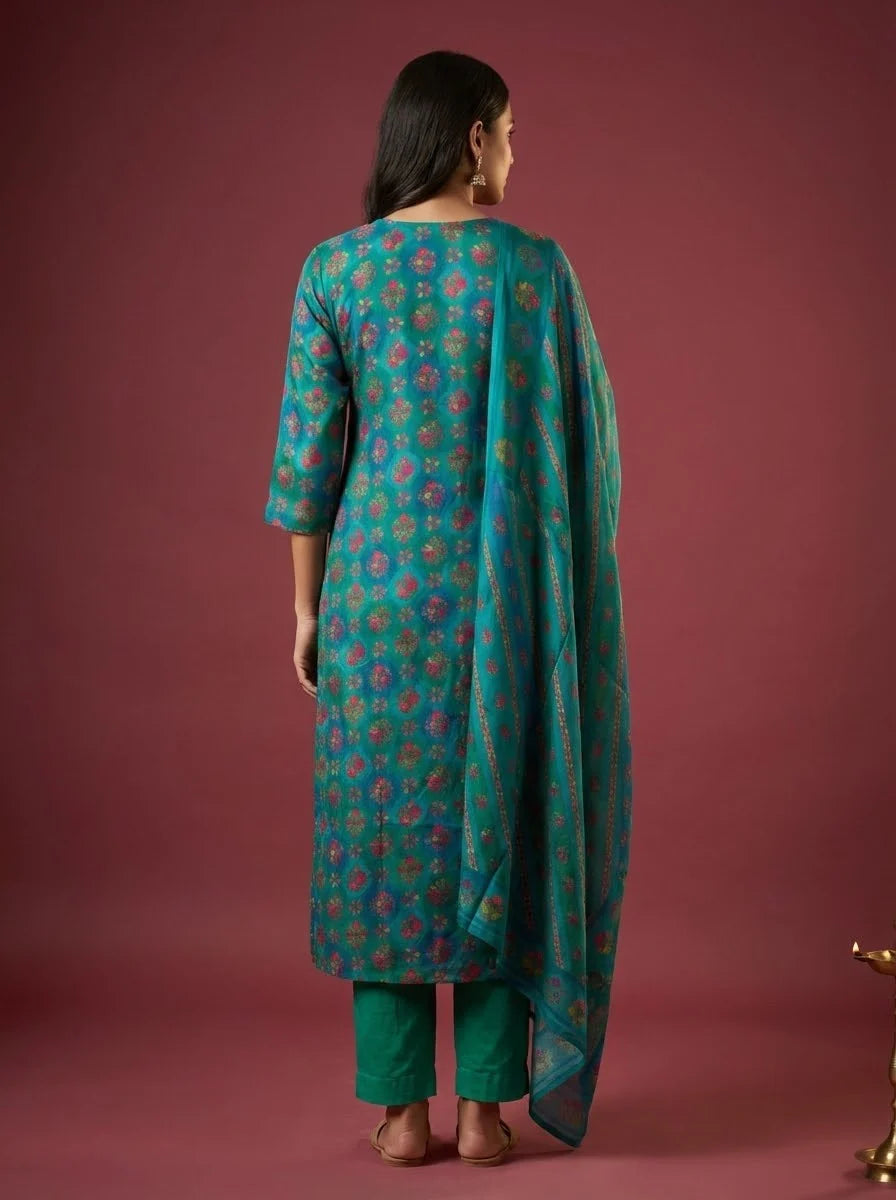 Floral Printed Embroidered Jacquard Kurta with Pant & Dupatta - Teal Blue