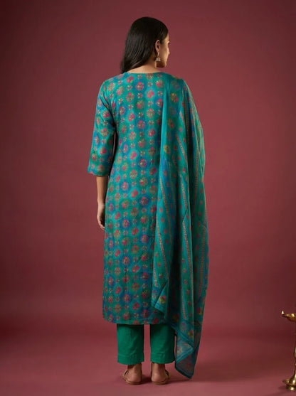 Floral Printed Embroidered Jacquard Kurta with Pant & Dupatta - Teal Blue