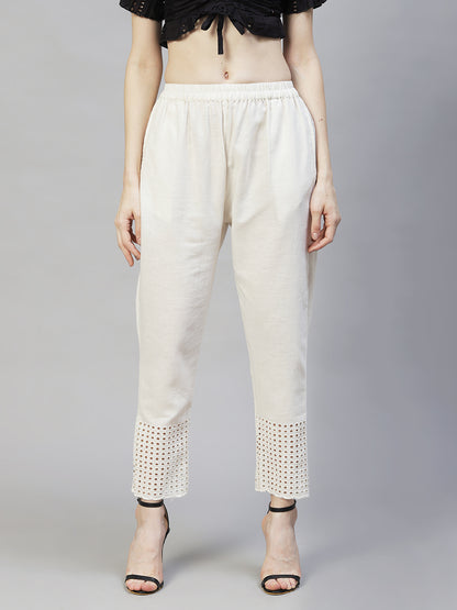 Solid Ethnic Embroidered Straight Fit Pant - Off White