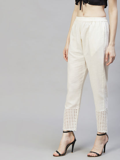 Solid Ethnic Embroidered Straight Fit Pant - Off White