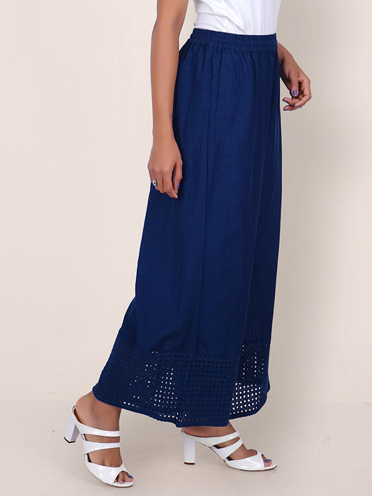 Resham Hakoba Cutwork Cotton Palazzo Pants - Royal Blue