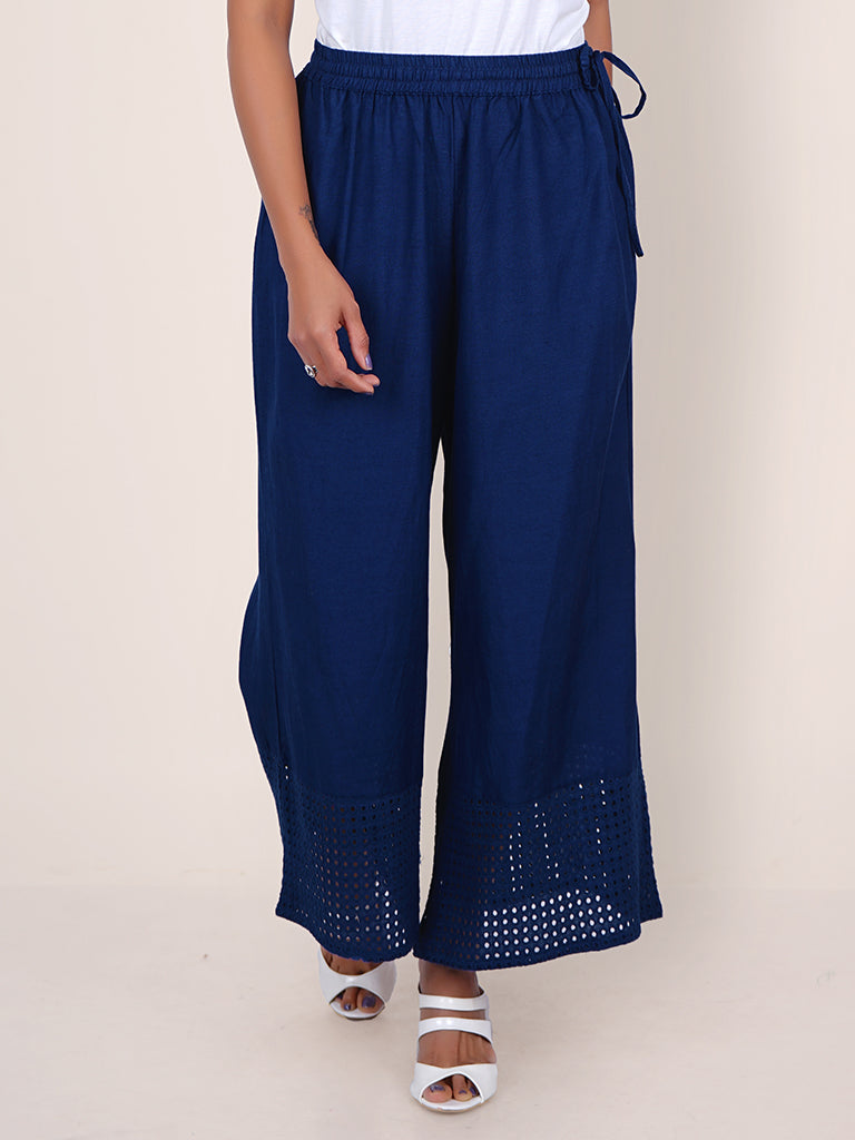 Resham Hakoba Cutwork Cotton Palazzo Pants - Royal Blue