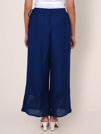 Resham Hakoba Cutwork Cotton Palazzo Pants - Royal Blue