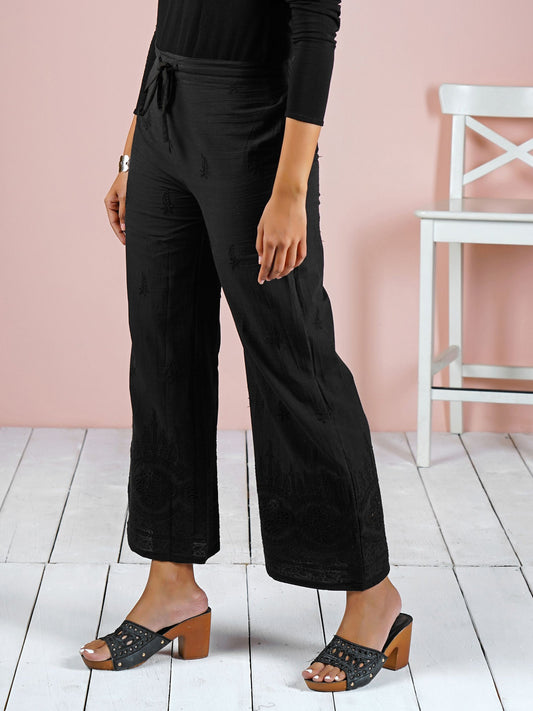 Floral Embroidered Schiffli Palazzo Pants - Black