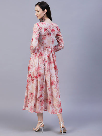 Abstract Floral Printed & Embroidered Fit & Flare Midi Dress - Pastel Pink