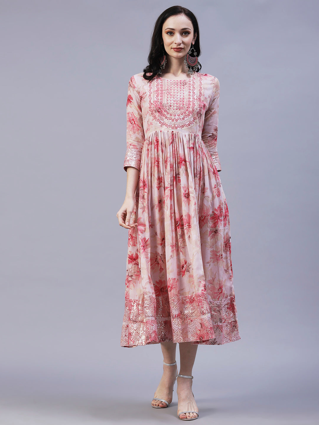 Abstract Floral Printed & Embroidered Fit & Flare Midi Dress - Pastel Pink