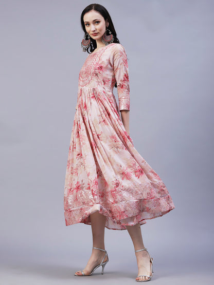 Abstract Floral Printed & Embroidered Fit & Flare Midi Dress - Pastel Pink