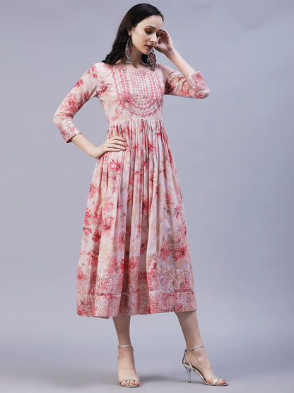 Abstract Floral Printed & Embroidered Fit & Flare Midi Dress - Pastel Pink