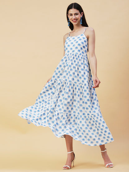 Elephant Motif Printed Tiered Fit & Flare Maxi Dress - Blue