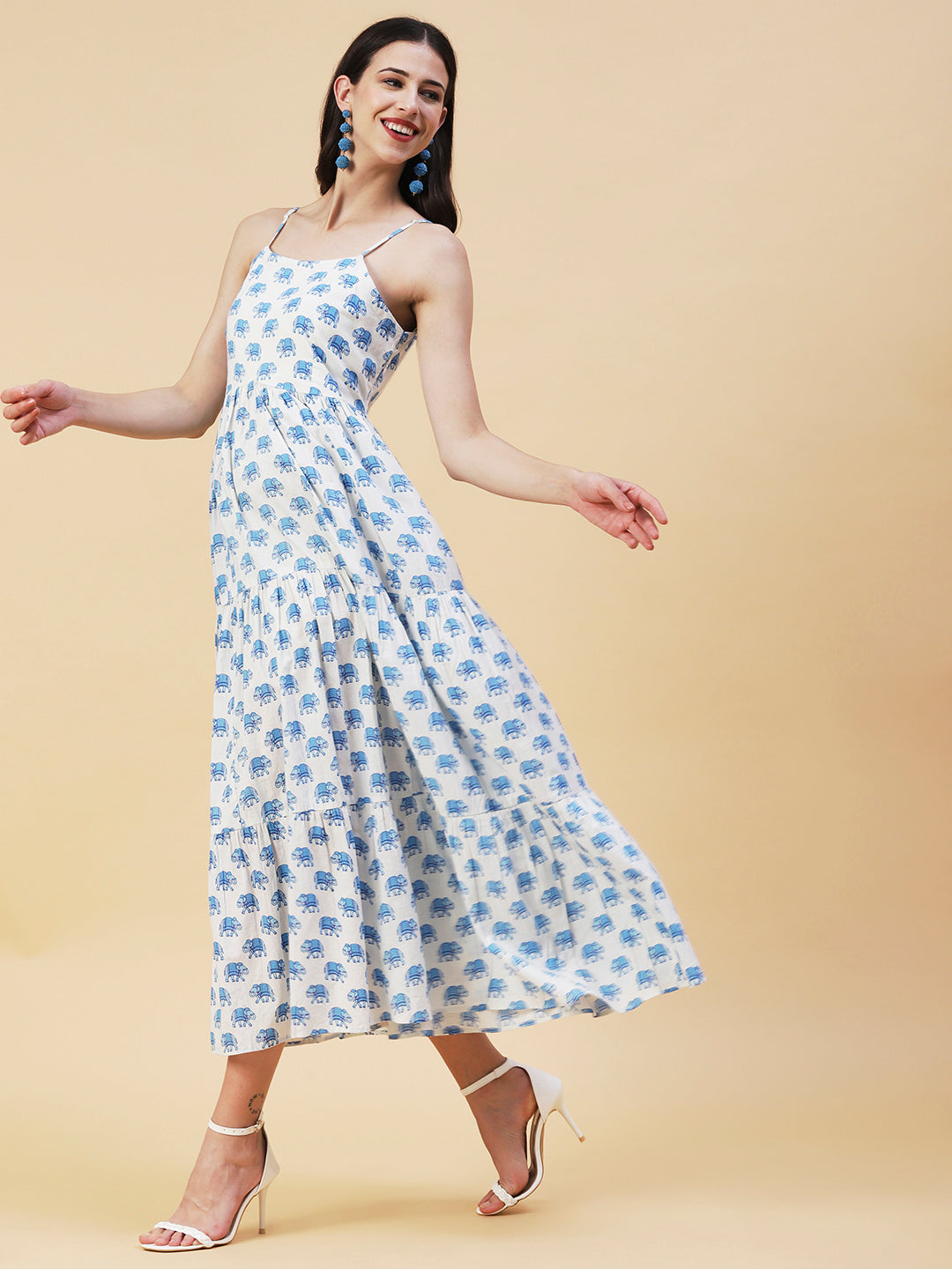 Elephant Motif Printed Tiered Fit & Flare Maxi Dress - Blue