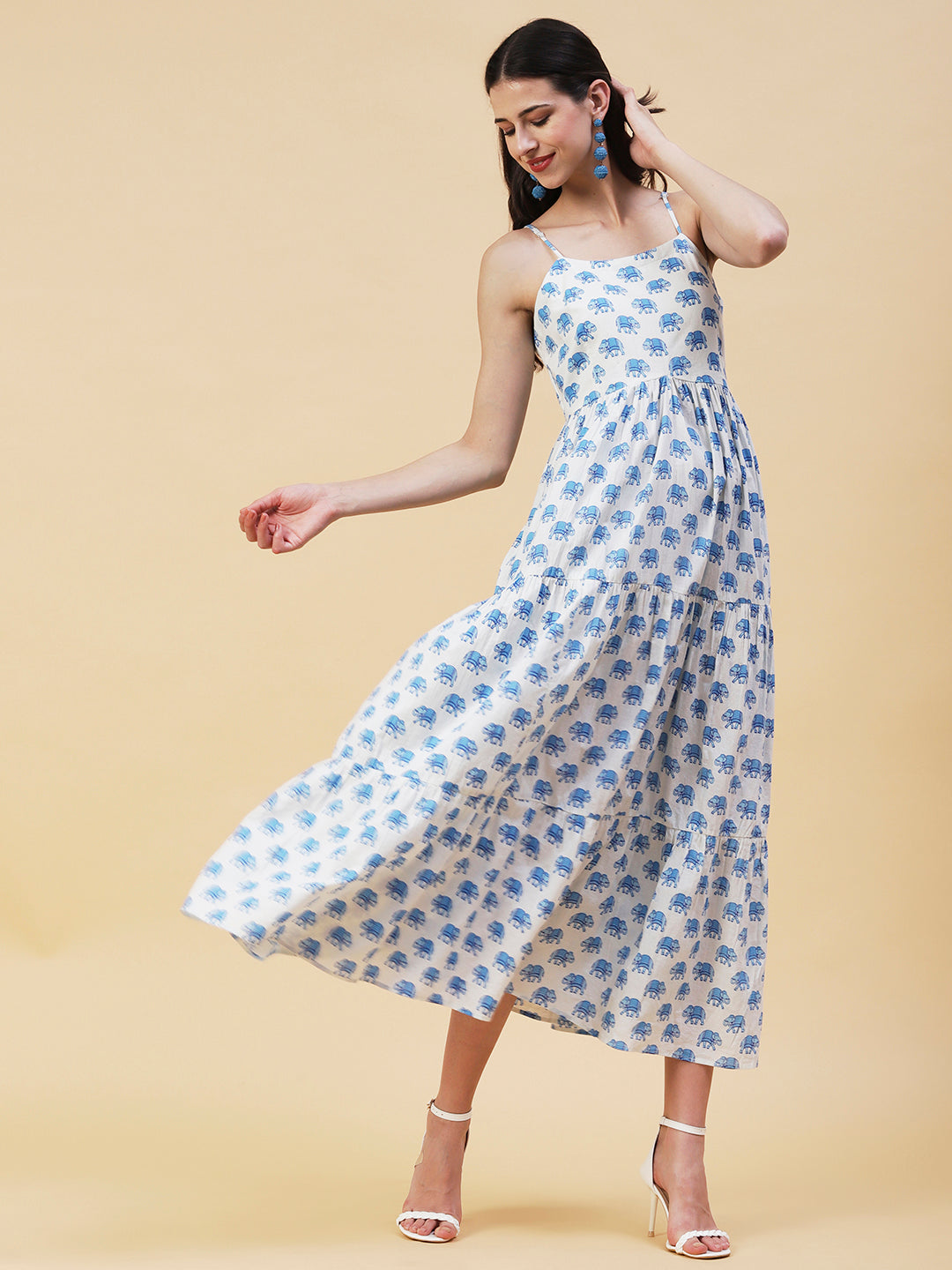 Elephant Motif Printed Tiered Fit & Flare Maxi Dress - Blue